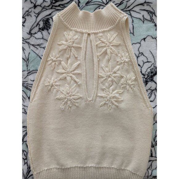 BCBGMAXAZRIA Ivory Fully Fashioned Knit Floral High Neck Tank Size S - Picture 6 of 6